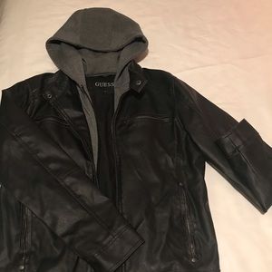Leather jacket with grey hoodie attached